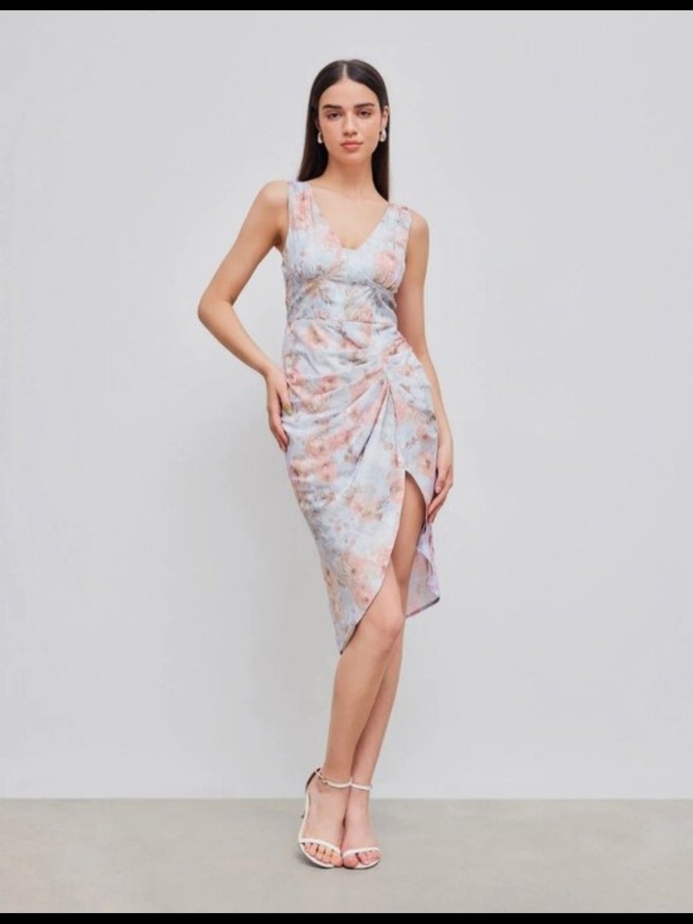 Cider Sleeveless V-Neck Ruched Floral Midi Dress in Pastel Blue and Pink